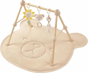Wooden Baby Gym Cotton Play Mat, 4-in-1 Super Soft Infant Activity Tummy Time Playmat for 0 to 3 6 9 12 36 Months Babies, Removable Toys for Sensory & Motor Skill Development, Bear