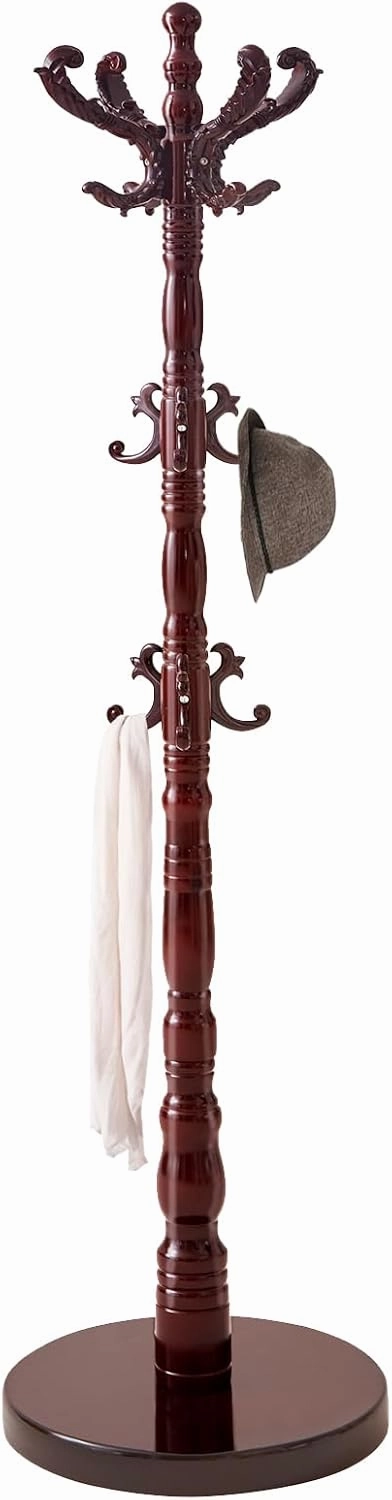 Wooden Classic Coat Rack Stand, Solid Wood Coat Rack Freestanding with 14 Hooks, Vintage Coat Racks with Sturdy Round Base, Natural Birch Wood Coat Tree Stand for Entryway Hallway