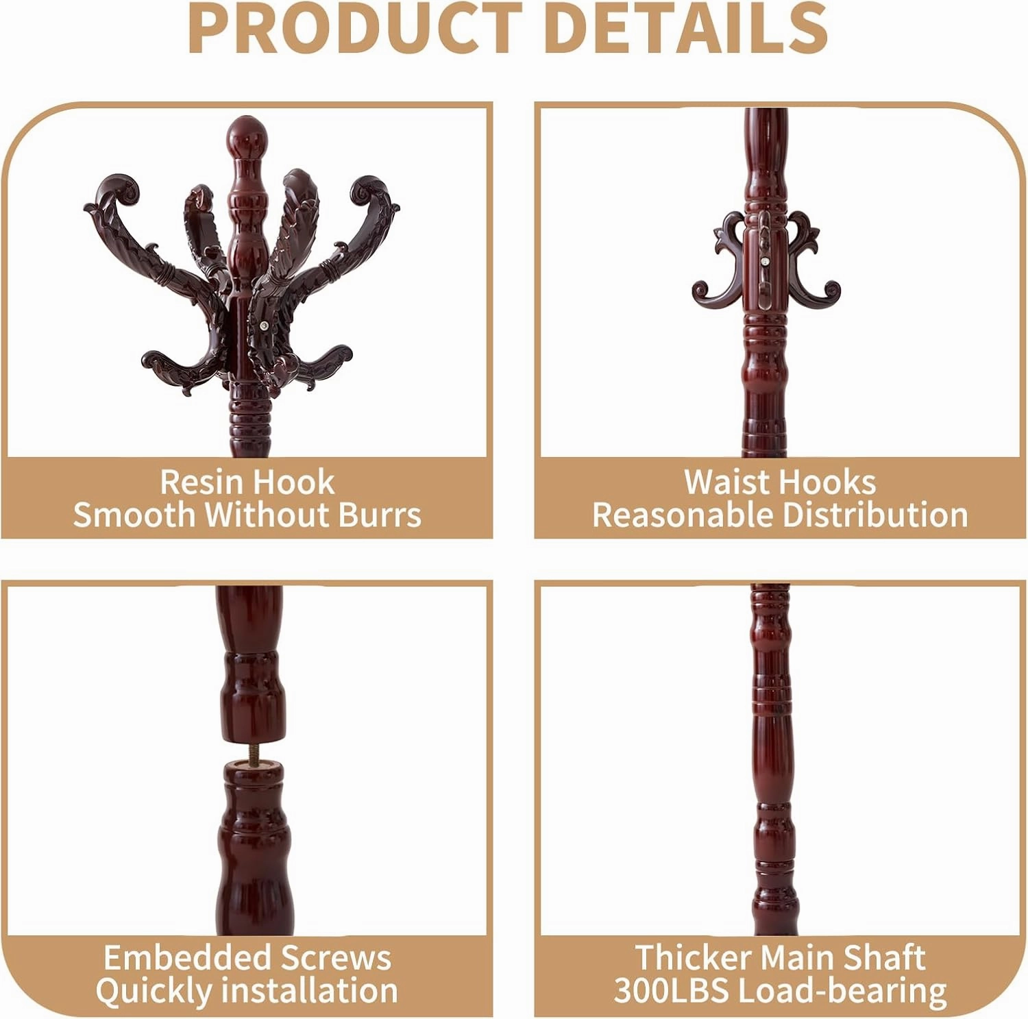 Wooden Classic Coat Rack Stand, Solid Wood Coat Rack Freestanding with 14 Hooks, Vintage Coat Racks with Sturdy Round Base, Natural Birch Wood Coat Tree Stand for Entryway Hallway