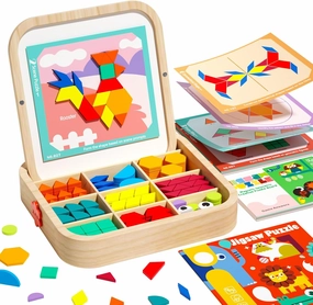 Wooden Magnetic Pattern Blocks Set with Activity Cards, 288 PCS Montessori Puzzle Toys for Toddlers 3 4 5, STEM Learning Gift for Boys Girls 3-5 4-8