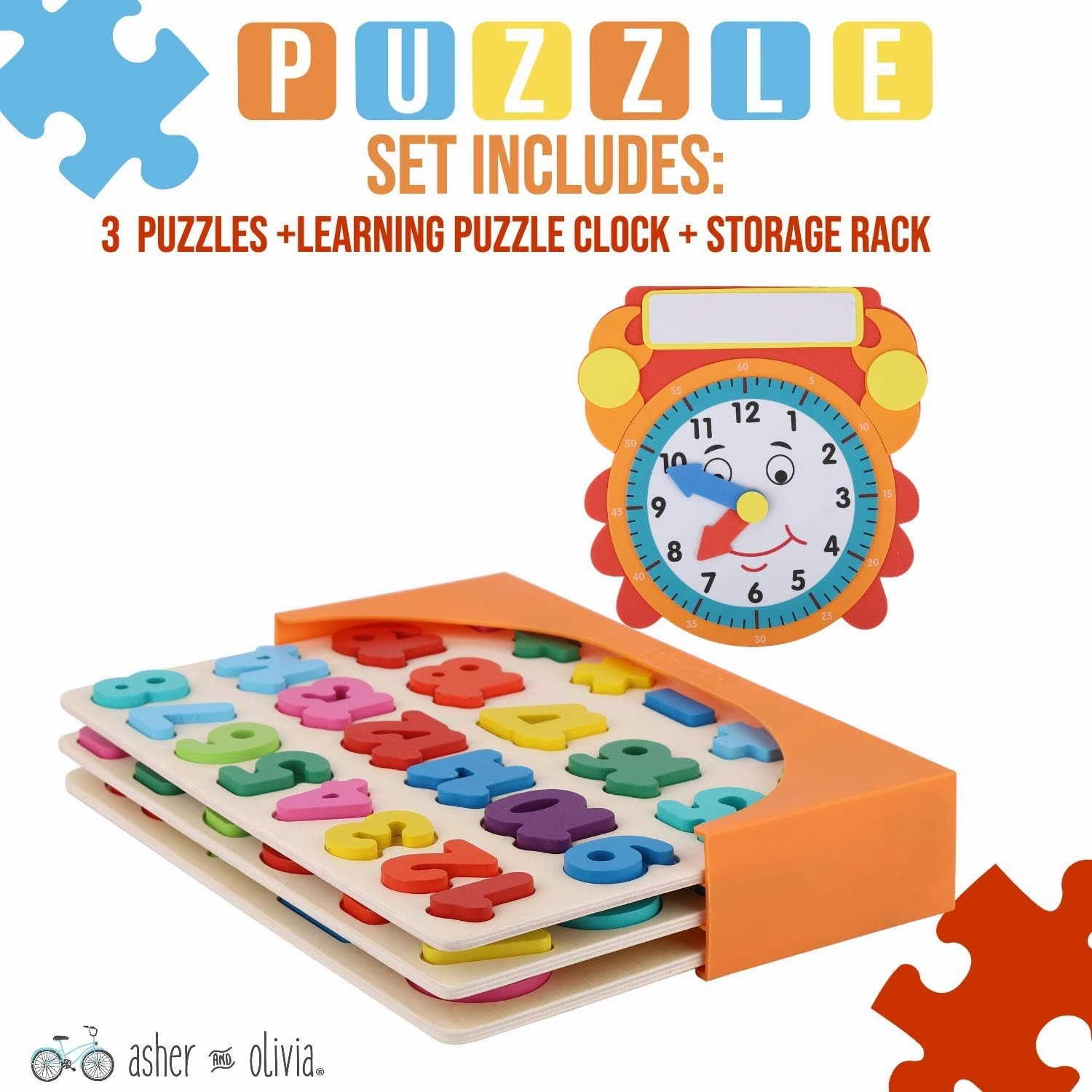 Wooden Puzzles for Toddlers and Rack Set - (3 Pack) Bundle with Storage Holder Rack and Learning Clock - 3 in 1 Kids Educational Preschool Peg Puzzles – Alphabet, Letters, Numbers and Shapes