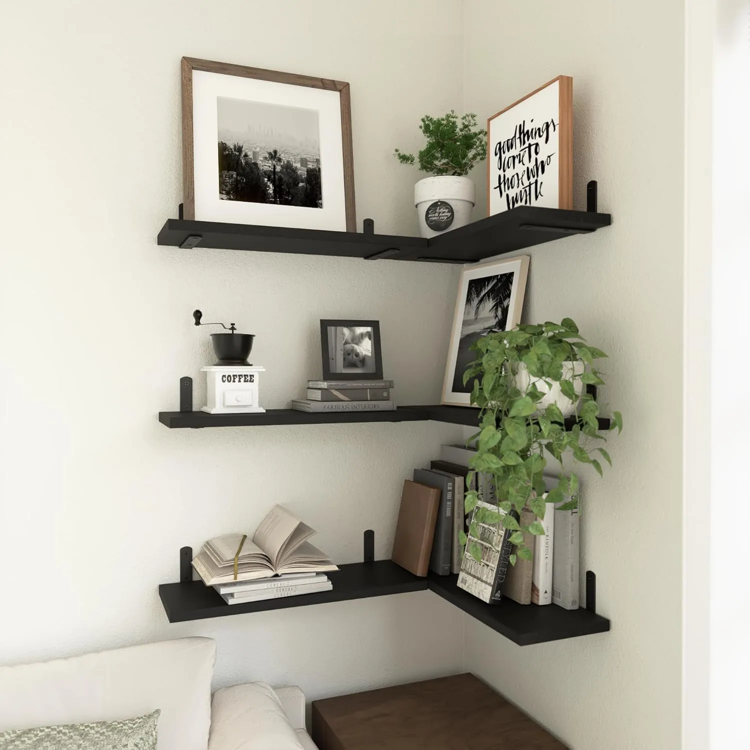 WOPITUES Wood Floating Shelves Set of 6, Shelves for Wall Decor, Farmhouse Shelf for Bedroom, Bathroom Storage Shelves, Book Shelves for Living Room-Black
