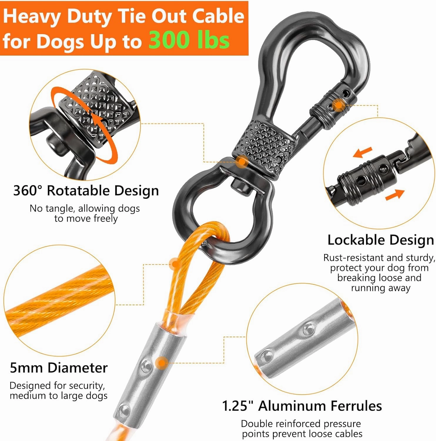 XiaZ Dog Tie Out Cable and Stake, 30 FT Leash with Swivel Hook and Shock Absorbing Spring, for Yard, Outdoor, and Camping, Up to 125 LBS