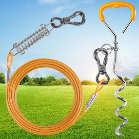 XiaZ Dog Tie Out Cable and Stake, 30 FT Leash with Swivel Hook and Shock Absorbing Spring, for Yard, Outdoor, and Camping, Up to 125 LBS