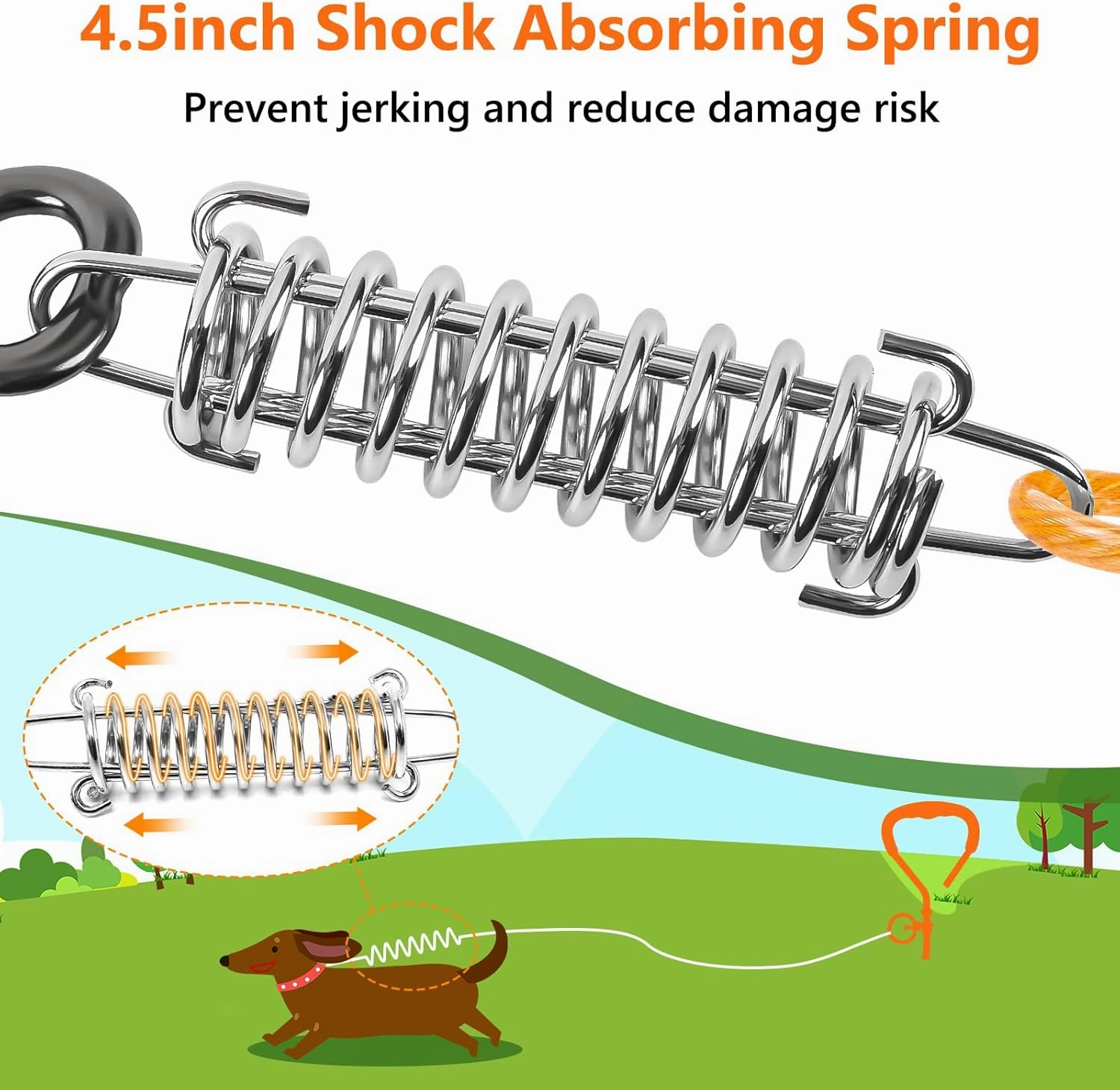 XiaZ Dog Tie Out Cable and Stake, 30 FT Leash with Swivel Hook and Shock Absorbing Spring, for Yard, Outdoor, and Camping, Up to 125 LBS