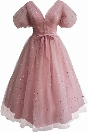 Xijun Women's Sparkle Starry Tulle A Line Puffy Sleeve Prom Dresses with Slit Formal Evening Party Gowns