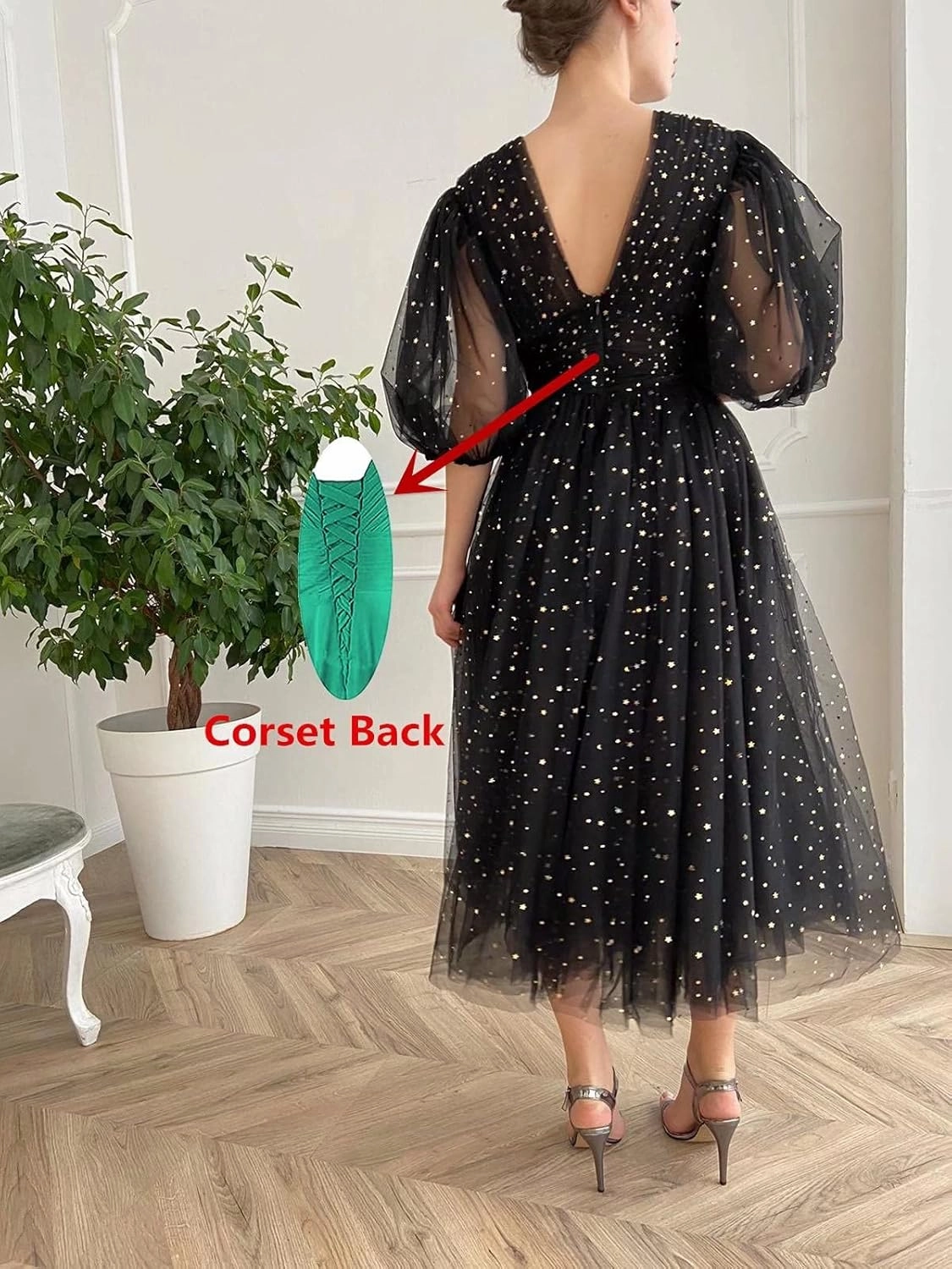 Xijun Women's Sparkle Starry Tulle A Line Puffy Sleeve Prom Dresses with Slit Formal Evening Party Gowns