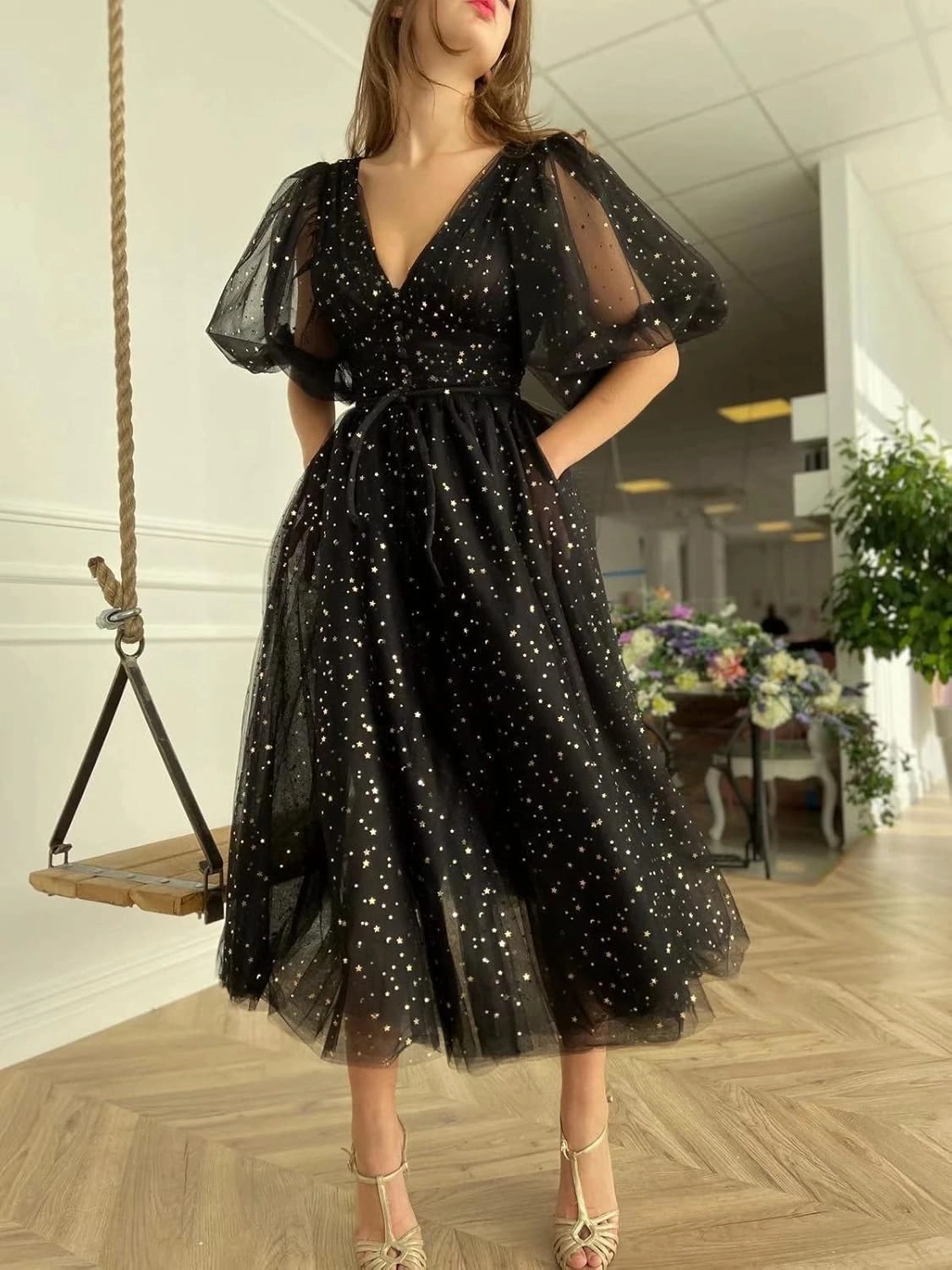 Xijun Women's Sparkle Starry Tulle A Line Puffy Sleeve Prom Dresses with Slit Formal Evening Party Gowns