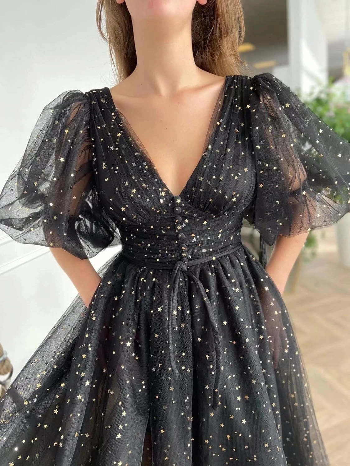 Xijun Women's Sparkle Starry Tulle A Line Puffy Sleeve Prom Dresses with Slit Formal Evening Party Gowns