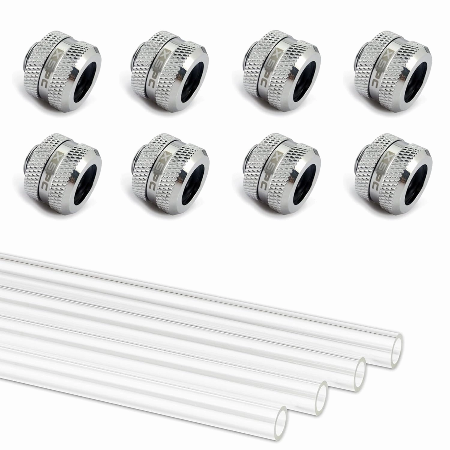 XSPC Clear PETG Tubing (500mm x4) and G1/4" to 10mm ID, 14mm OD Compression Fitting, Chrome, 8-Pack