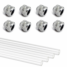 XSPC Clear PETG Tubing (500mm x4) and G1/4" to 10mm ID, 14mm OD Compression Fitting, Chrome, 8-Pack