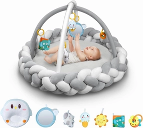 Yacul Baby Play Gym and Activity Mat, Thick Soft Tummy Time Playmat with 6 Detachable Toys for Sensory Development, Infant Floor Mat for Playroom and Nursery(Grey)