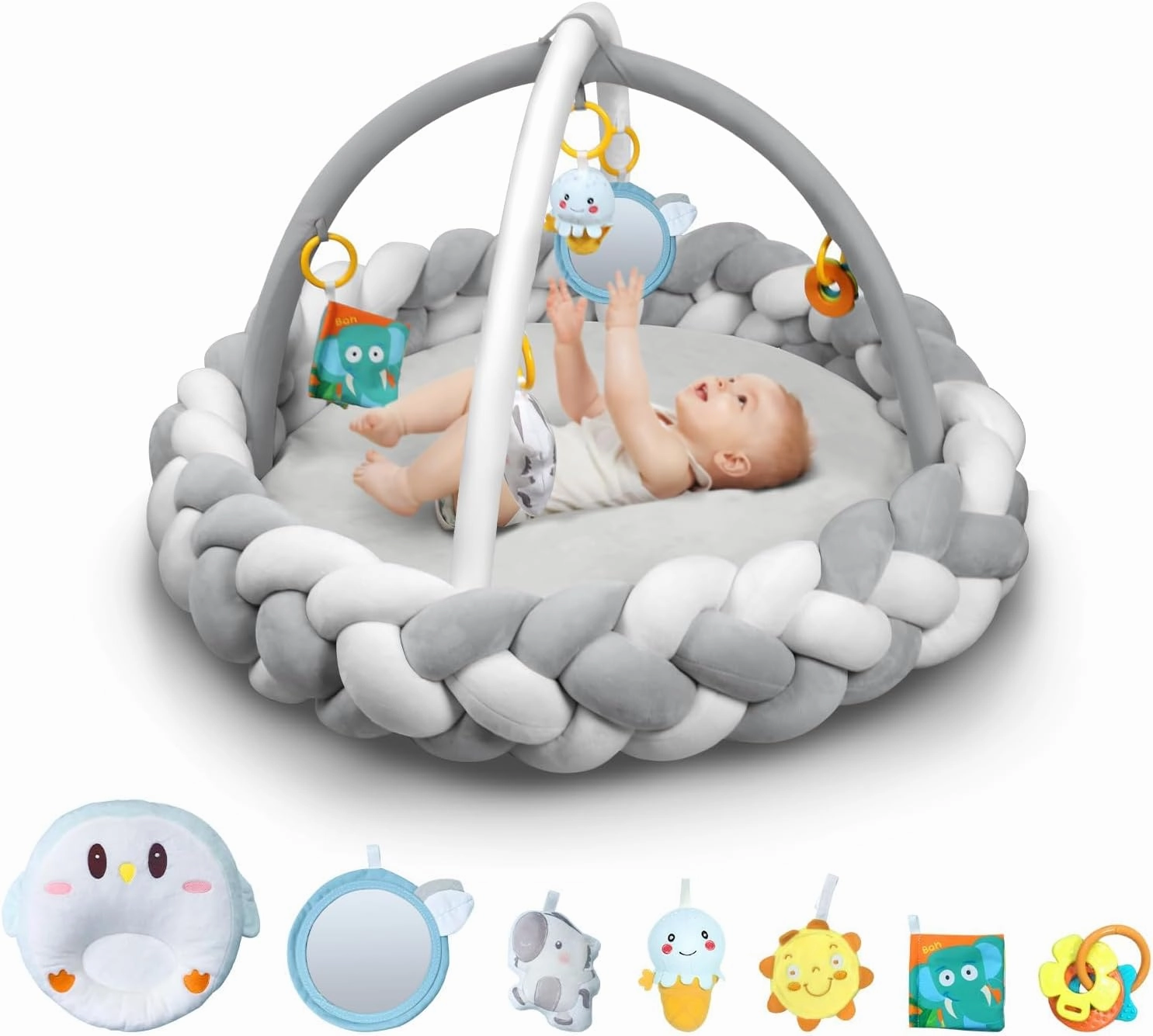 Yacul Baby Play Gym and Activity Mat, Thick Soft Tummy Time Playmat with 6 Detachable Toys for Sensory Development, Infant Floor Mat for Playroom and Nursery(Grey)