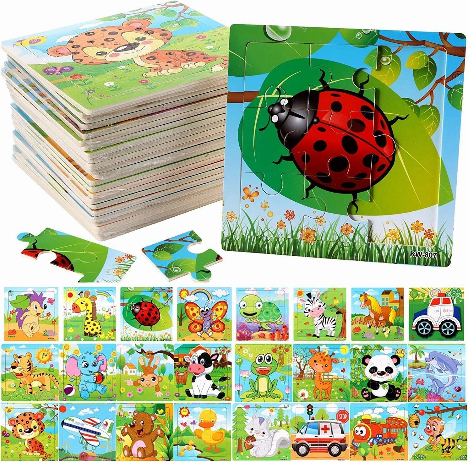 Yopay 24 Pack Wooden Puzzles for Kids,Mini Jigsaw Animal Puzzles Set for Kids Boys Girls, Early Preschool Educational Toys, 20 Animal Patterns   4 Transportations