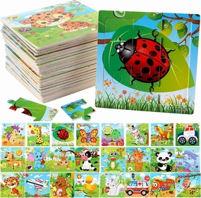 Yopay 24 Pack Wooden Puzzles for Kids,Mini Jigsaw Animal Puzzles Set for Kids Boys Girls, Early Preschool Educational Toys, 20 Animal Patterns   4 Transportations