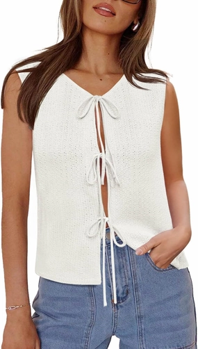Yousify Women’s Tie Front Sweater Vest 2025 Summer Sleeveless Crochet Knit Tops Lightweight Cardigan Sweaters Outfits