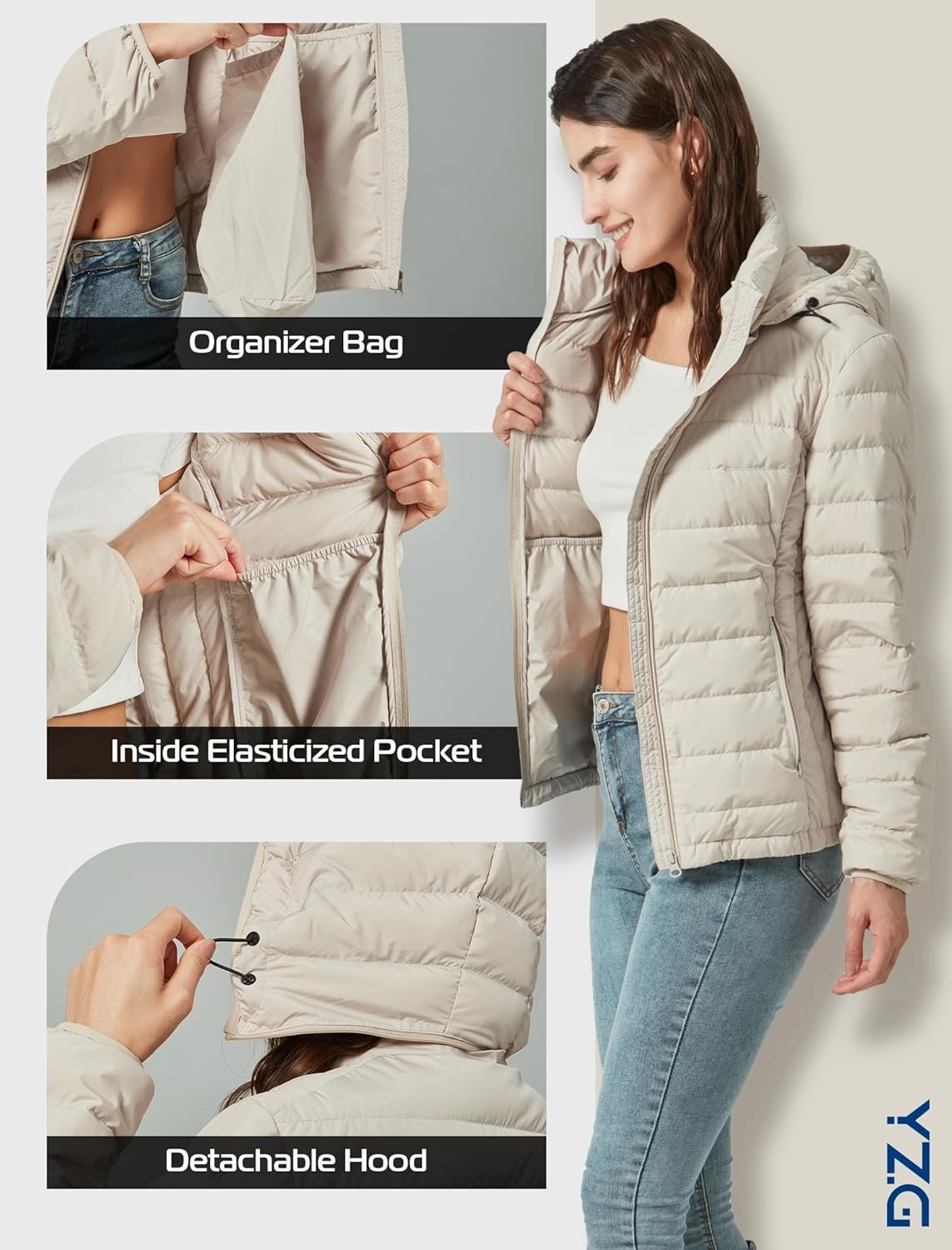YZG Down Jacket for Women Lightweight Long Sleeve Quilted Puffer Coat with Detachable Hooded