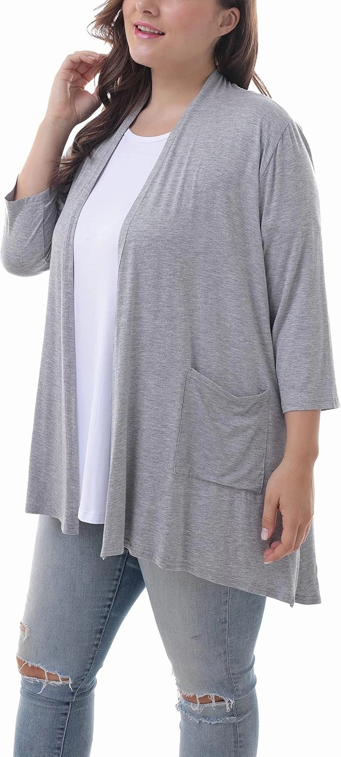 ZERDOCEAN Women's Plus Size 3/4 Sleeve Lightweight Soft Printed Drape Cardigan with Pockets