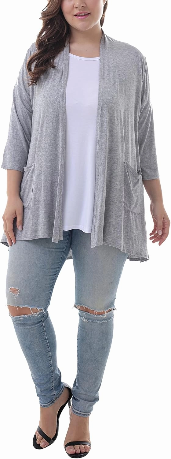 ZERDOCEAN Women's Plus Size 3/4 Sleeve Lightweight Soft Printed Drape Cardigan with Pockets