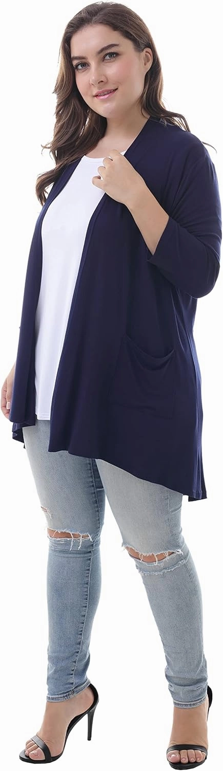 ZERDOCEAN Women's Plus Size 3/4 Sleeve Lightweight Soft Printed Drape Cardigan with Pockets