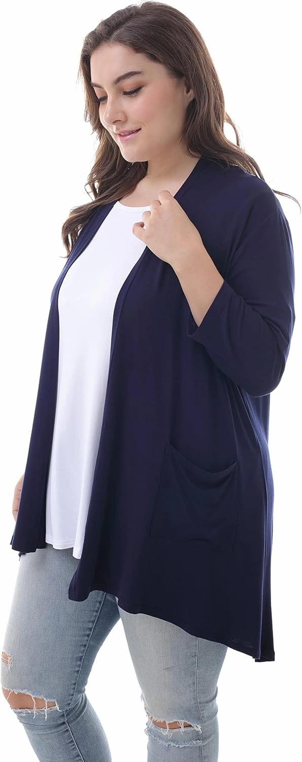 ZERDOCEAN Women's Plus Size 3/4 Sleeve Lightweight Soft Printed Drape Cardigan with Pockets