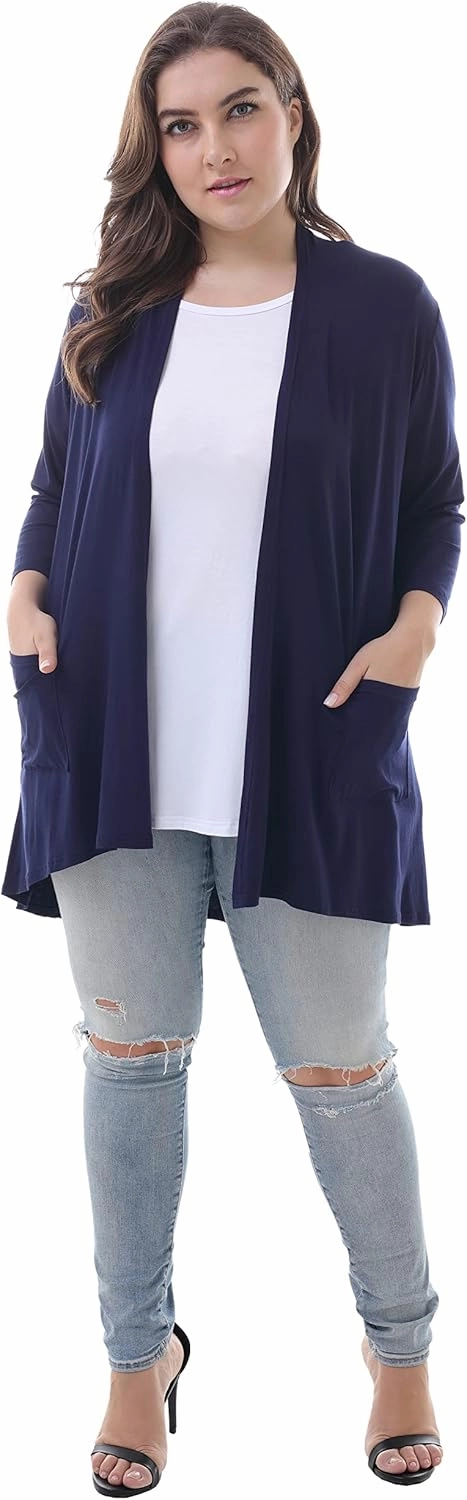 ZERDOCEAN Women's Plus Size 3/4 Sleeve Lightweight Soft Printed Drape Cardigan with Pockets