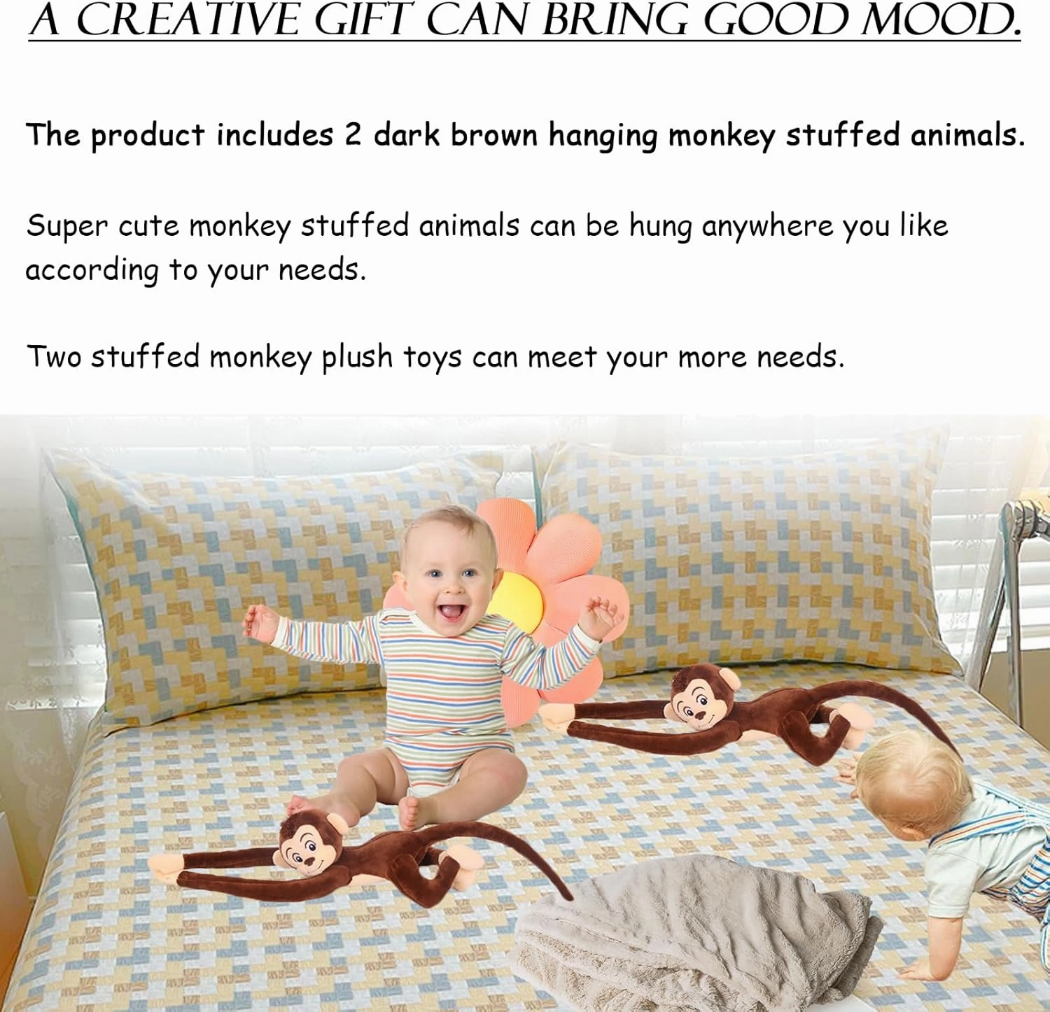 zhidiloveyou 2PCS Hanging Monkey Stuffed Animals Plush Cute Brown Monkey Toy for Kids, 27.6"